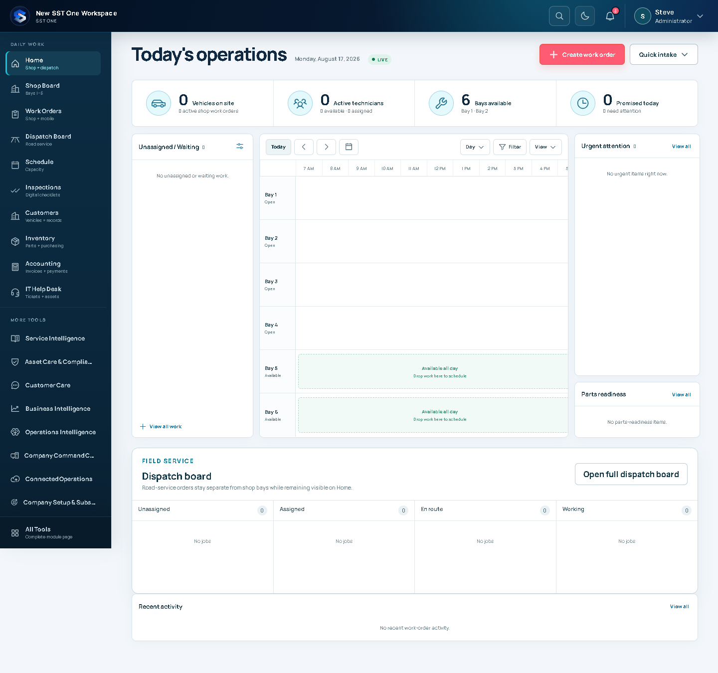 SST OneView operations home showing shop bays and dispatch status
