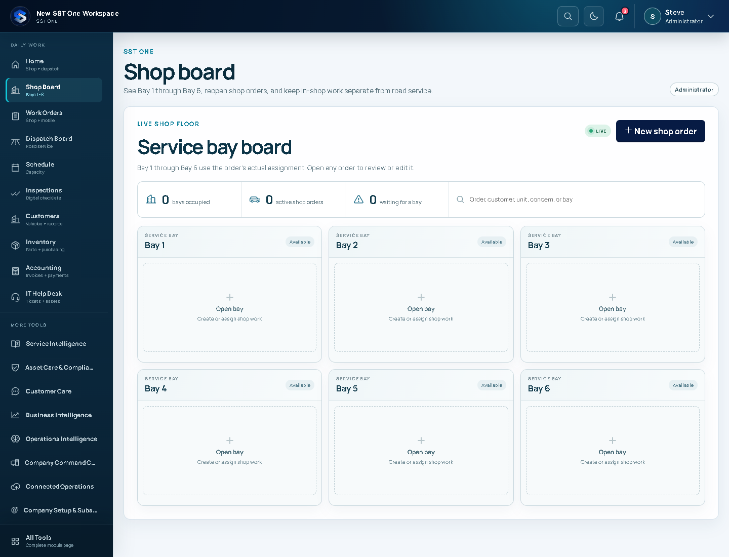 SST OneView shop board showing six service bays