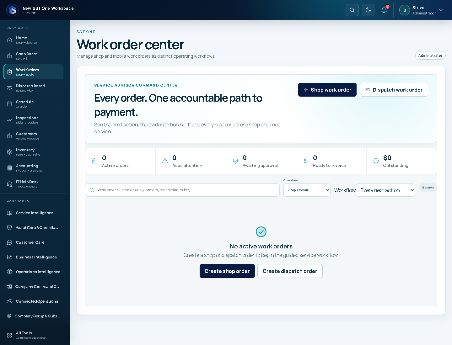 SST OneView work order center showing priority, status, and next actions